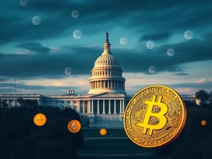U.S. Capitol with floating crypto symbols representing new tax rules for foreign digital asset accounts.