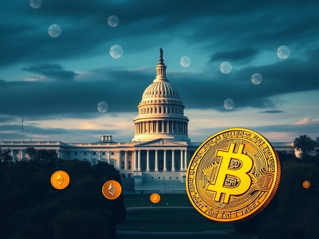 U.S. Capitol with floating crypto symbols representing new tax rules for foreign digital asset accounts.