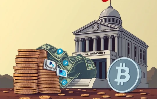 A digital illustration showing Venmo and PayPal logos directing funds towards a stylized US Treasury building, symbolizing efforts to reduce US Treasury Debt.