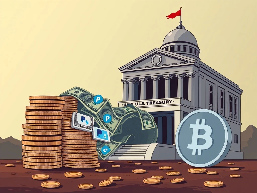 A digital illustration showing Venmo and PayPal logos directing funds towards a stylized US Treasury building, symbolizing efforts to reduce US Treasury Debt.
