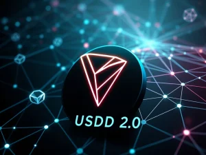 USDD 2.0 stablecoin logo merging with TRON's blockchain, illustrating enhanced liquidity and cross-chain integration in DeFi.