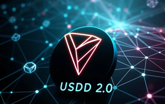 USDD 2.0 stablecoin logo merging with TRON's blockchain, illustrating enhanced liquidity and cross-chain integration in DeFi.