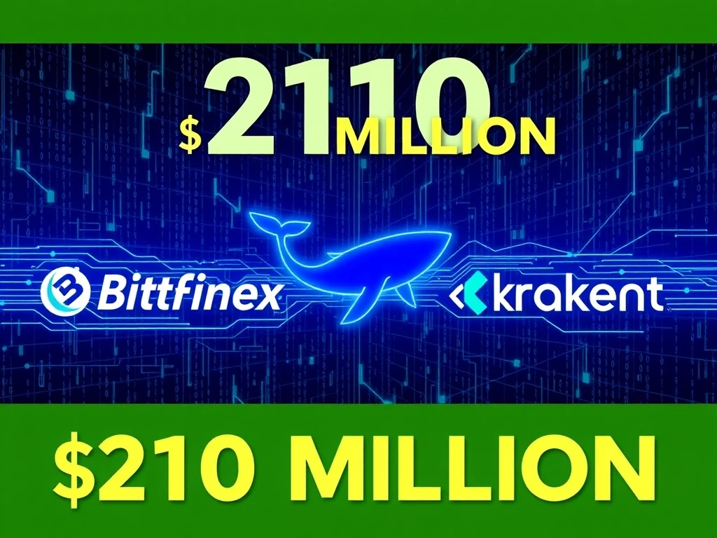 Depicts a significant USDT transfer between Bitfinex and Kraken, highlighting strategic crypto whale liquidity shifts.