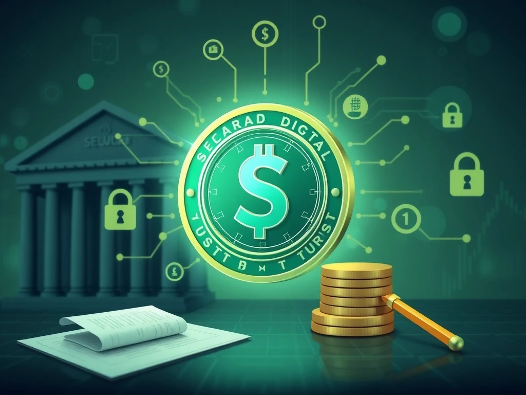 Illustrates the groundbreaking launch of the USDtb stablecoin, highlighting its regulatory compliance and bridging traditional finance with blockchain.