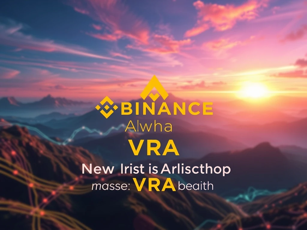 A visual representation of Verasity VRA tokens falling into a Binance Alpha exchange logo, symbolizing the new listing and VRA airdrop opportunity.