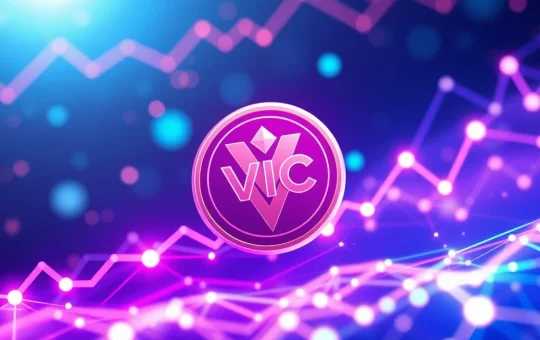 A dynamic digital chart showing a massive 408% surge for VIC crypto, illustrating the impact of new blockchain partnerships and ecosystem growth.