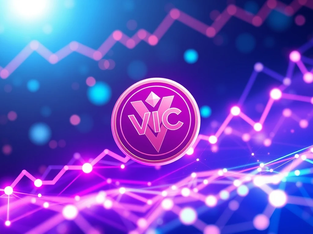 A dynamic digital chart showing a massive 408% surge for VIC crypto, illustrating the impact of new blockchain partnerships and ecosystem growth.