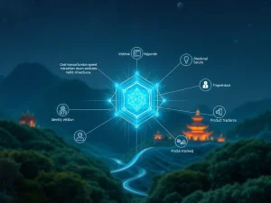 A secure digital network symbolizing Vietnam's NDAChain, highlighting its high transaction speed and integration with digital ID systems for national data infrastructure.