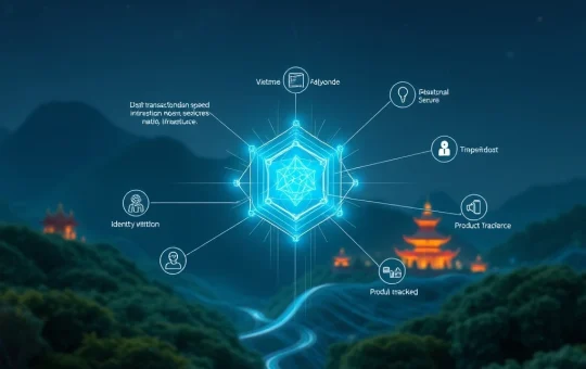 A secure digital network symbolizing Vietnam's NDAChain, highlighting its high transaction speed and integration with digital ID systems for national data infrastructure.