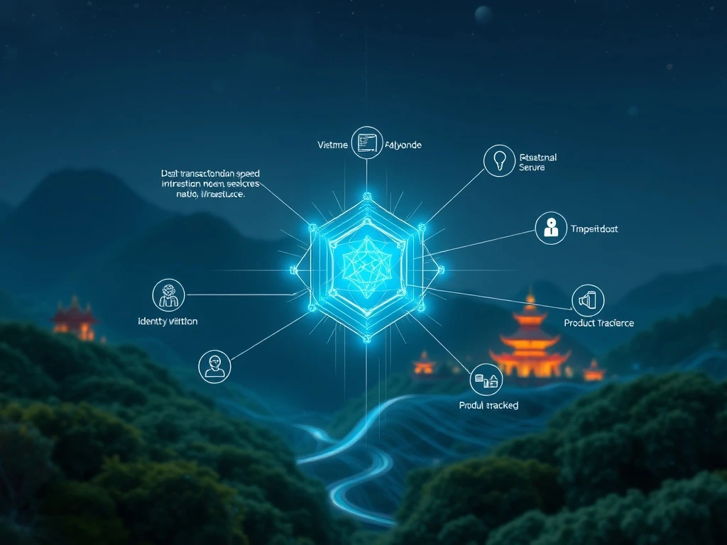 A secure digital network symbolizing Vietnam's NDAChain, highlighting its high transaction speed and integration with digital ID systems for national data infrastructure.