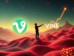 VINE coin chart skyrocketing with Elon Musk's silhouette and Vine app logo, symbolizing its dramatic VINE coin rally.