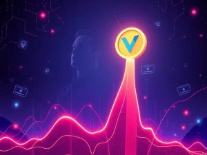 VINE Coin rockets upwards on a chart, symbolizing its 110% surge following Elon Musk's hint at an AI-powered Vine revival.