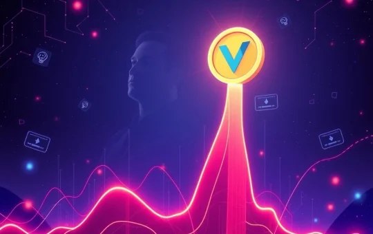 VINE Coin rockets upwards on a chart, symbolizing its 110% surge following Elon Musk's hint at an AI-powered Vine revival.
