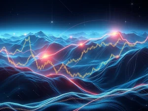 Abstract digital representation of a crypto market, showing volatility curves and a central focus on how volatility futures enhance risk management for investors.