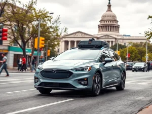 A Waymo self-driving car confidently navigating an urban environment, symbolizing regulatory approval and the future of autonomous vehicle safety.