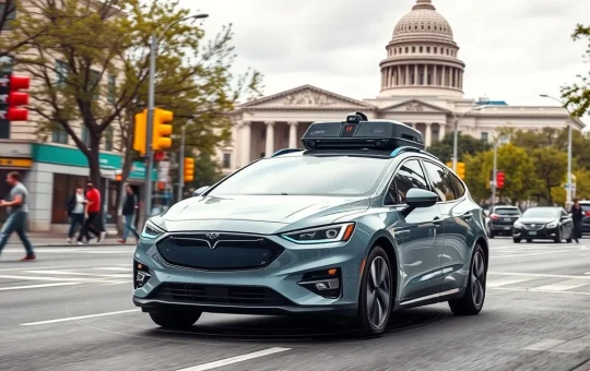A Waymo self-driving car confidently navigating an urban environment, symbolizing regulatory approval and the future of autonomous vehicle safety.