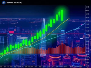 A dynamic chart illustrating the recent surge in WBTCUSDT, with key technical indicators highlighting market trends and potential turning points for Wrapped Bitcoin.