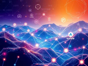 A digital network illustrating the future of Web3 Adoption, where Oraichain, Pinlink, and RSS3 drive AI tokenization and decentralized data infrastructure.