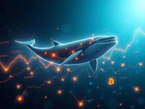 Digital whale overseeing crypto charts, symbolizing the impact of whale activity on altcoin gains and market movements.