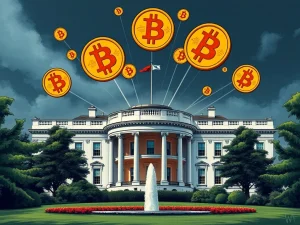 White House and Bitcoin symbols representing crypto policy tension