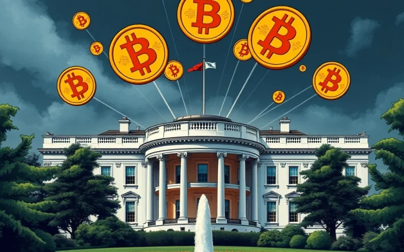 White House and Bitcoin symbols representing crypto policy tension