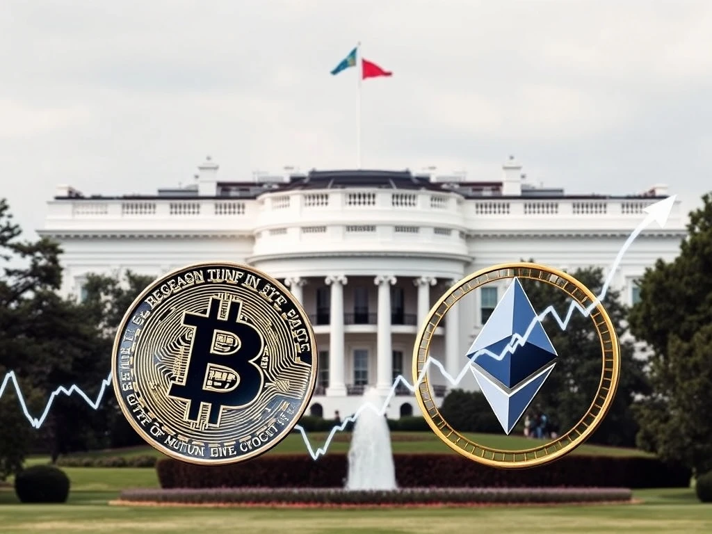 Illustrating the profound impact of the White House crypto report on US digital asset markets, showing Bitcoin and Ethereum symbols amidst regulatory frameworks.