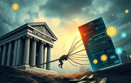 Tyler Winklevoss points accusingly at a JPMorgan logo, symbolizing the escalating Winklevoss JPMorgan conflict over crypto banking access.