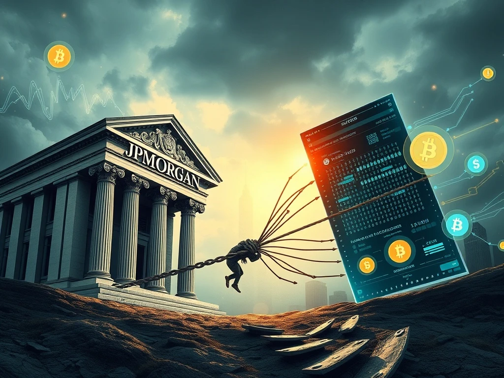 Tyler Winklevoss points accusingly at a JPMorgan logo, symbolizing the escalating Winklevoss JPMorgan conflict over crypto banking access.