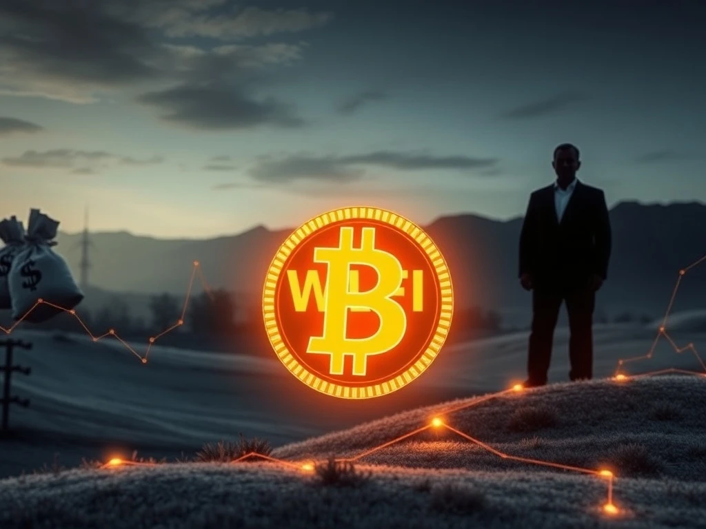 A visual representation of WLFI token's market entry, showing digital currency symbols, institutional investment, and subtle nods to the Trump family's involvement, highlighting the WLFI Token's controversial launch.