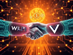 WLFI and Vaulta logos intertwining, symbolizing a strategic partnership to expand DeFi infrastructure through A Token acquisition.