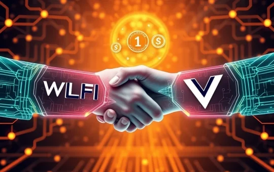 WLFI and Vaulta logos intertwining, symbolizing a strategic partnership to expand DeFi infrastructure through A Token acquisition.