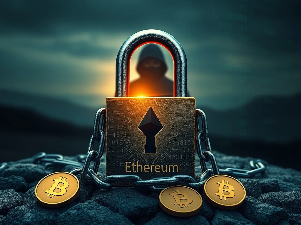 A broken digital lock surrounded by cryptocurrency logos, symbolizing the WOO X crypto hack and the broader challenges in Bitcoin security.