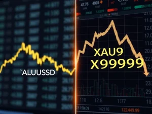 Divergent market trends showing XAUUSD gold price stability versus a dramatic XAU9999 crypto crash chart.