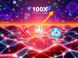 Visualizing the exciting future of XRP, Cardano ADA, and DeSoc, highlighting their potential for significant growth and 100x crypto gains.
