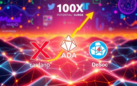 Visualizing the exciting future of XRP, Cardano ADA, and DeSoc, highlighting their potential for significant growth and 100x crypto gains.