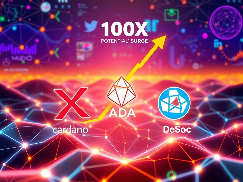 Visualizing the exciting future of XRP, Cardano ADA, and DeSoc, highlighting their potential for significant growth and 100x crypto gains.