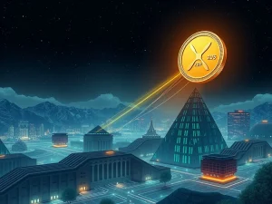 XRP coin soaring high above financial institutions in 2025