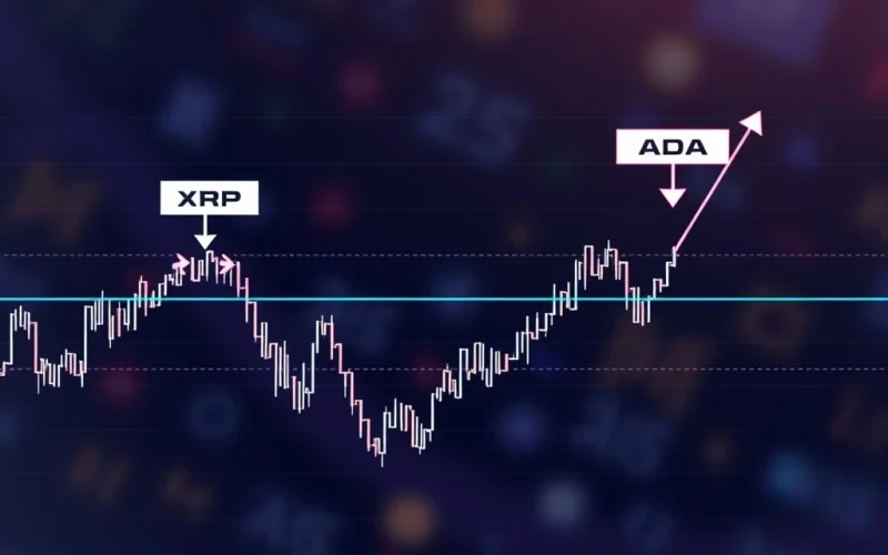 Chart showing XRP and ADA price movements with highlighted support and resistance levels, symbolizing strategic cryptocurrency analysis.
