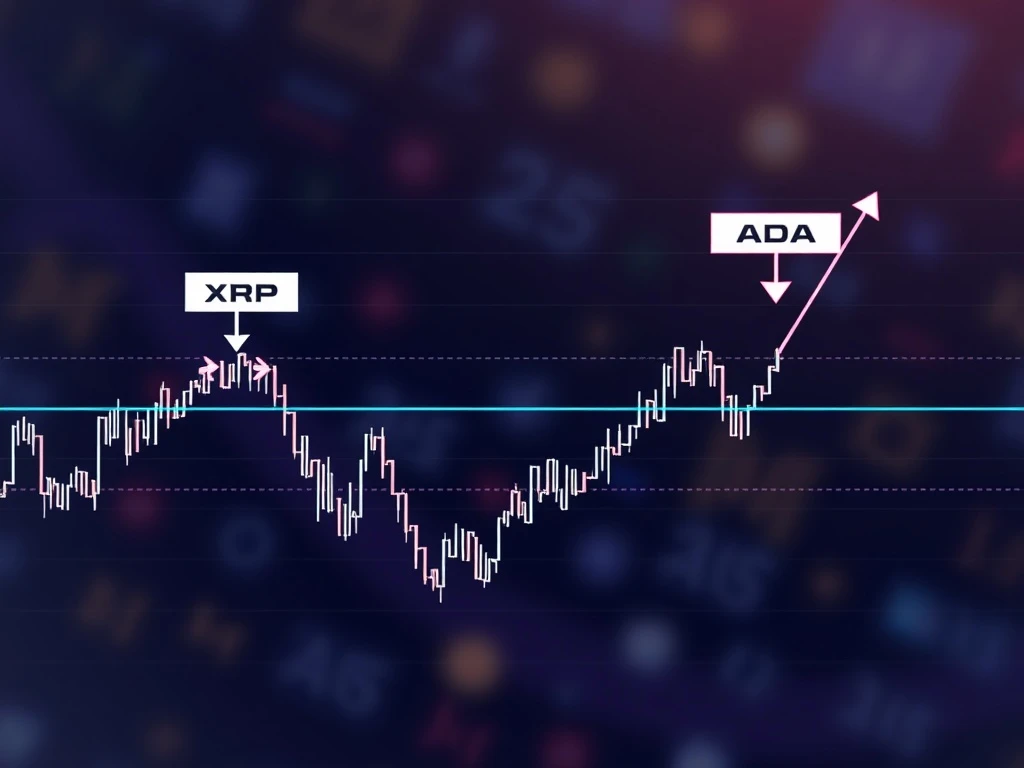 Chart showing XRP and ADA price movements with highlighted support and resistance levels, symbolizing strategic cryptocurrency analysis.