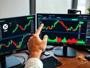 A trader analyzing XRP and ADA crypto charts, indicating professional traders are accumulating at key support levels.