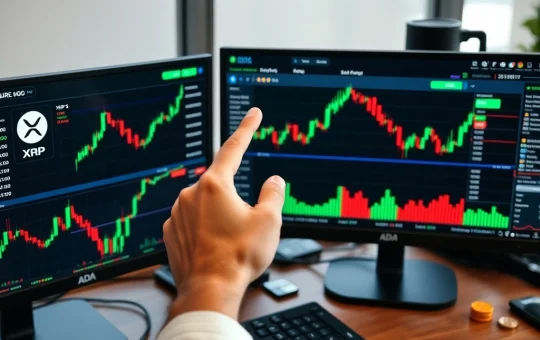 A trader analyzing XRP and ADA crypto charts, indicating professional traders are accumulating at key support levels.