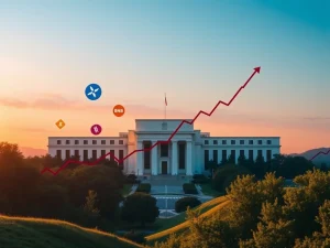 Charts showing significant gains for altcoins, particularly XRP, with a backdrop of market volatility and Federal Reserve influence.