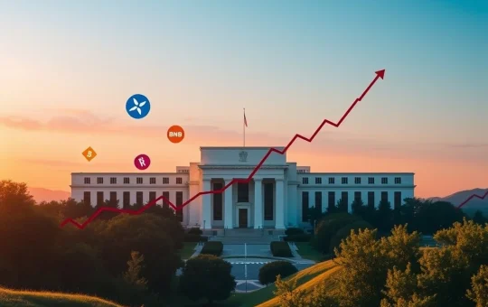 Charts showing significant gains for altcoins, particularly XRP, with a backdrop of market volatility and Federal Reserve influence.