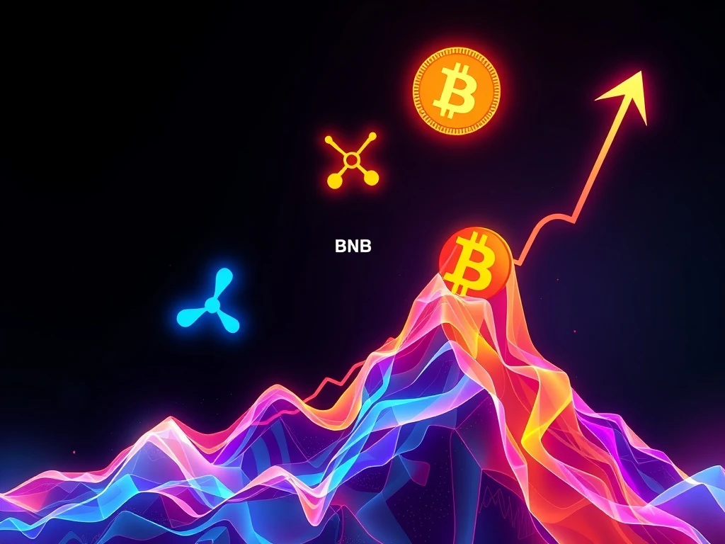 Depicts the surge of XRP, BNB, and other altcoins reaching new peaks, symbolizing the current altcoin rally and shift in Bitcoin dominance.