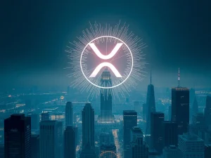 XRP digital currency symbol soaring past corporate logos, illustrating XRP's remarkable market performance and future potential.