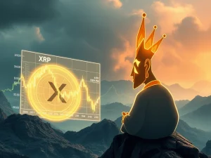 XRP chart showing a rebound, with a wise analyst figure representing Crypto Bitlord, amidst a volatile cryptocurrency market.