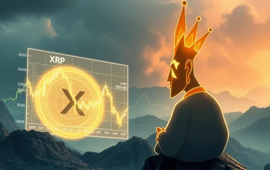 XRP chart showing a rebound, with a wise analyst figure representing Crypto Bitlord, amidst a volatile cryptocurrency market.