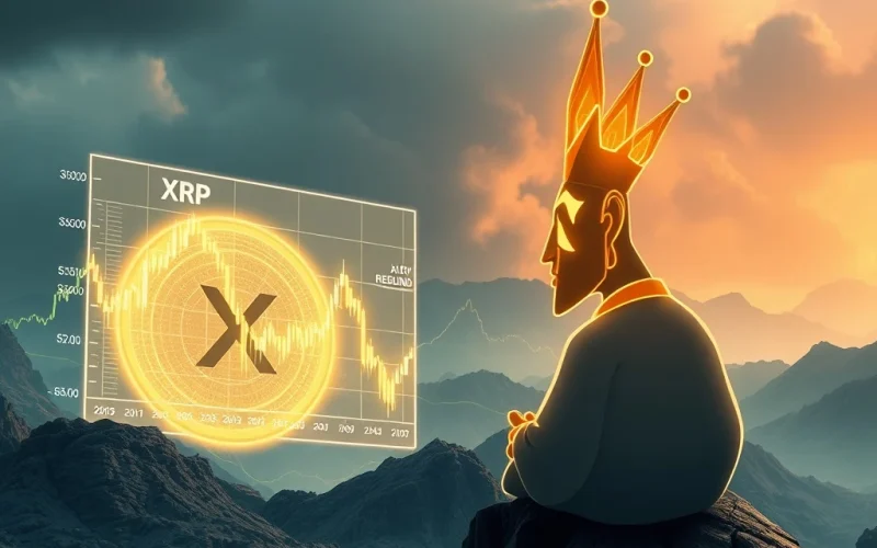 XRP chart showing a rebound, with a wise analyst figure representing Crypto Bitlord, amidst a volatile cryptocurrency market.