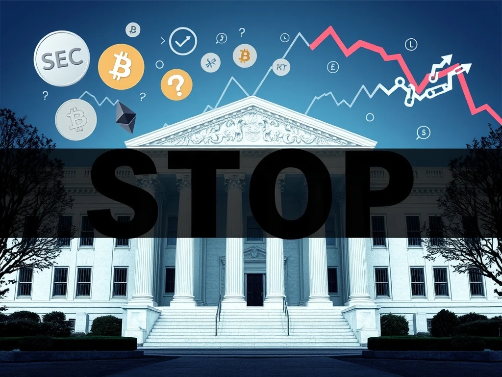 A visual representation of the SEC's crucial decision to halt the Bitwise crypto ETF, impacting XRP and broader digital asset markets.