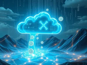 An illustration of XRP coins flowing into a cloud, symbolizing the PBKMiner XRP cloud mining platform generating daily passive income.